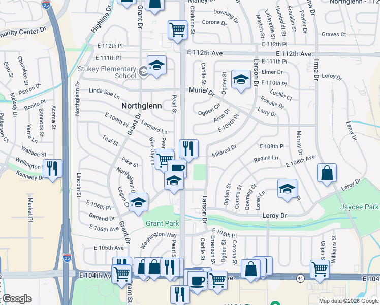 map of restaurants, bars, coffee shops, grocery stores, and more near 10790 Washington Street in Northglenn