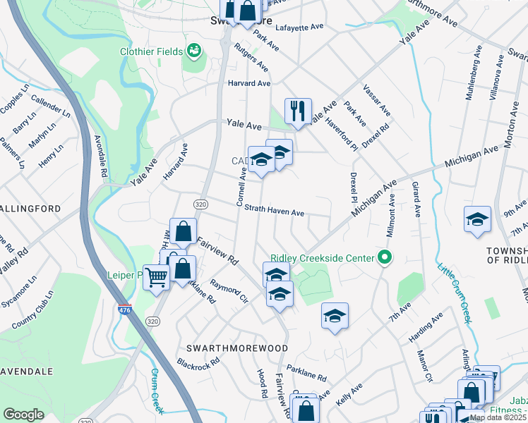 map of restaurants, bars, coffee shops, grocery stores, and more near 501 Rutgers Avenue in Swarthmore