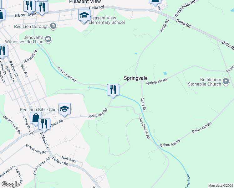 map of restaurants, bars, coffee shops, grocery stores, and more near 55 Circle Drive in Red Lion