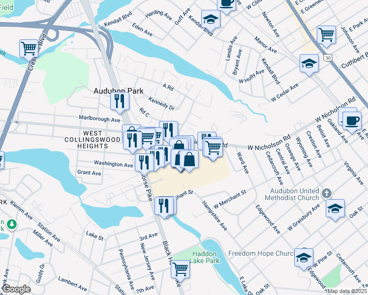 map of restaurants, bars, coffee shops, grocery stores, and more near 600 West Nicholson Road in Audubon