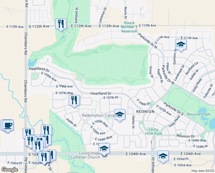 map of restaurants, bars, coffee shops, grocery stores, and more near 16321 Fairway Drive in Commerce City