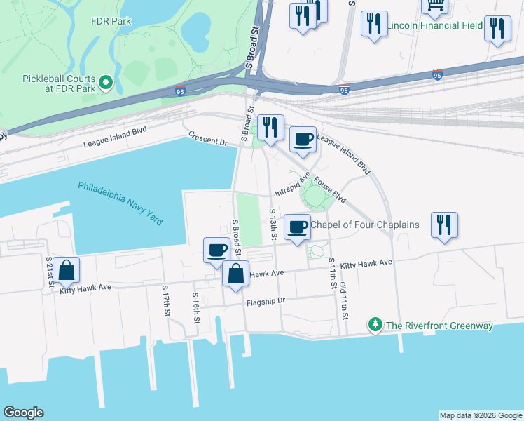 map of restaurants, bars, coffee shops, grocery stores, and more near 4747 South Broad Street in Philadelphia