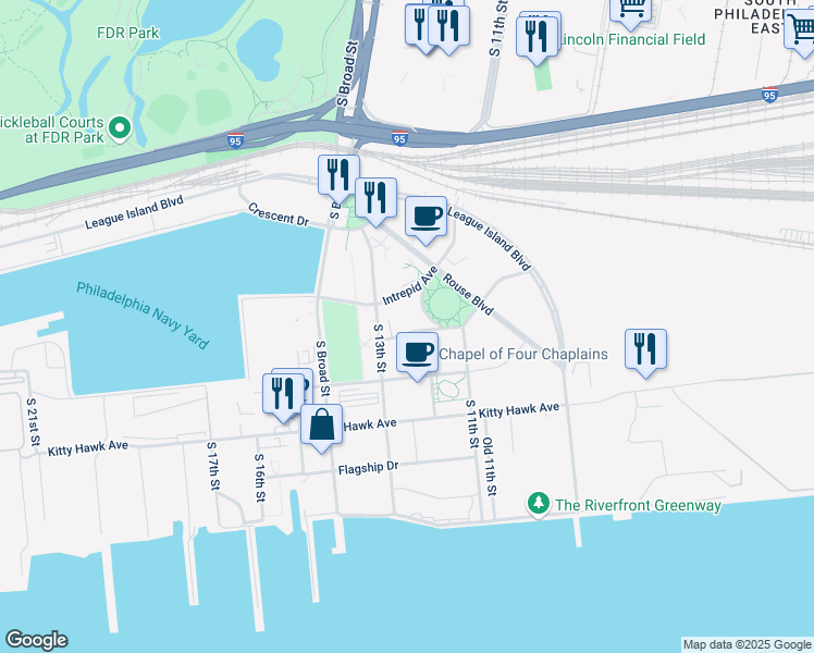 map of restaurants, bars, coffee shops, grocery stores, and more near 1201 Normandy Place in Philadelphia
