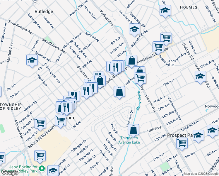map of restaurants, bars, coffee shops, grocery stores, and more near 219 Rutledge Avenue in Folsom