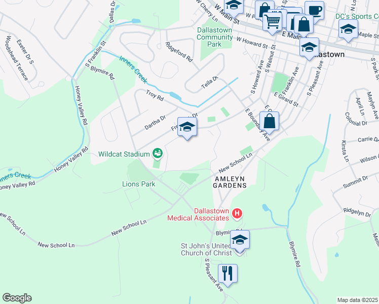 map of restaurants, bars, coffee shops, grocery stores, and more near 700 New School Lane in Dallastown