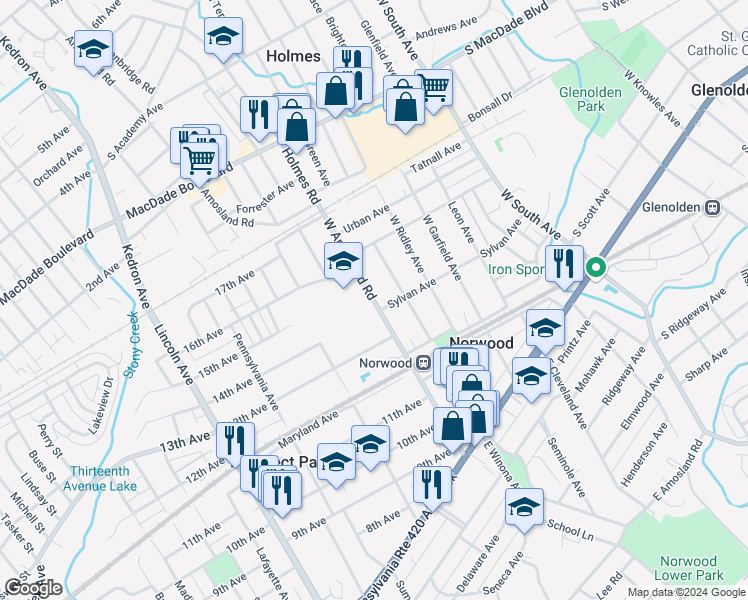 map of restaurants, bars, coffee shops, grocery stores, and more near 207 West Amosland Road in Norwood