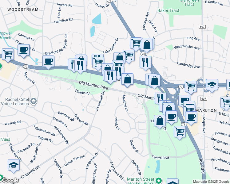 map of restaurants, bars, coffee shops, grocery stores, and more near 875 South Cropwell Road in Evesham