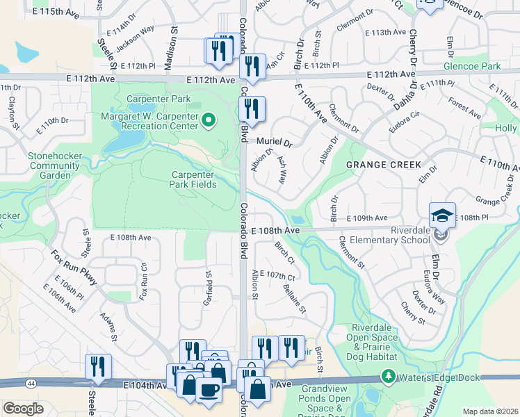 map of restaurants, bars, coffee shops, grocery stores, and more near 4120 East 109th Place in Thornton