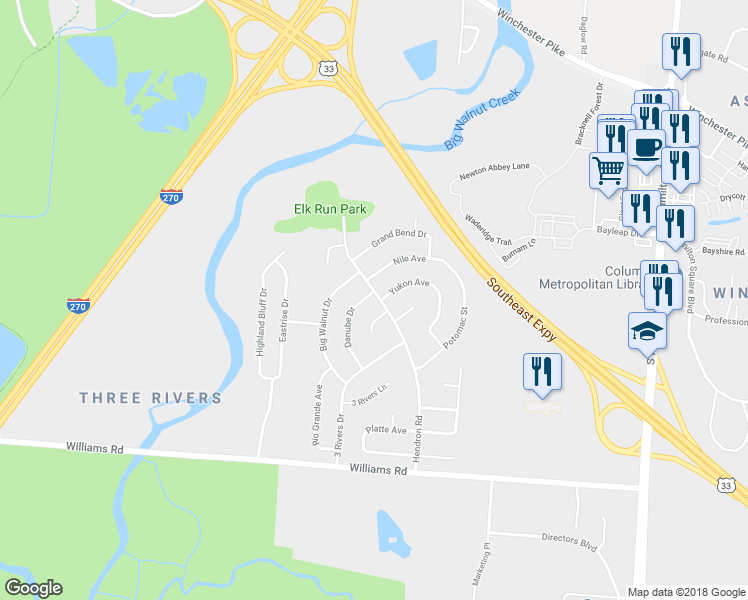 map of restaurants, bars, coffee shops, grocery stores, and more near 3945 Rhine Lane in Groveport