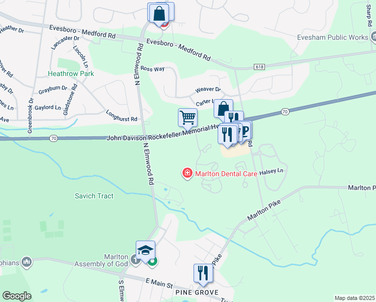 map of restaurants, bars, coffee shops, grocery stores, and more near 765 East Route 70 in Evesham