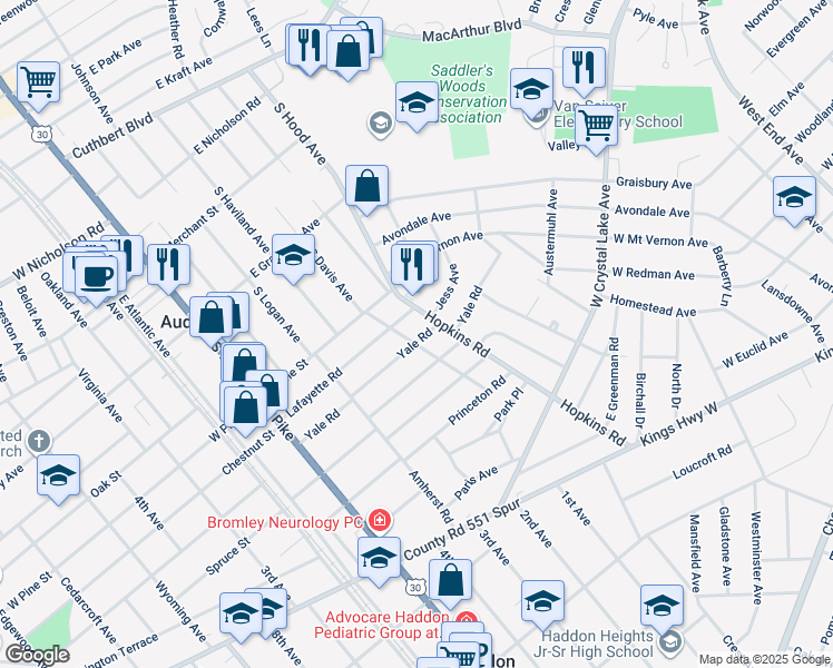 map of restaurants, bars, coffee shops, grocery stores, and more near 205 Yale Road in Audubon