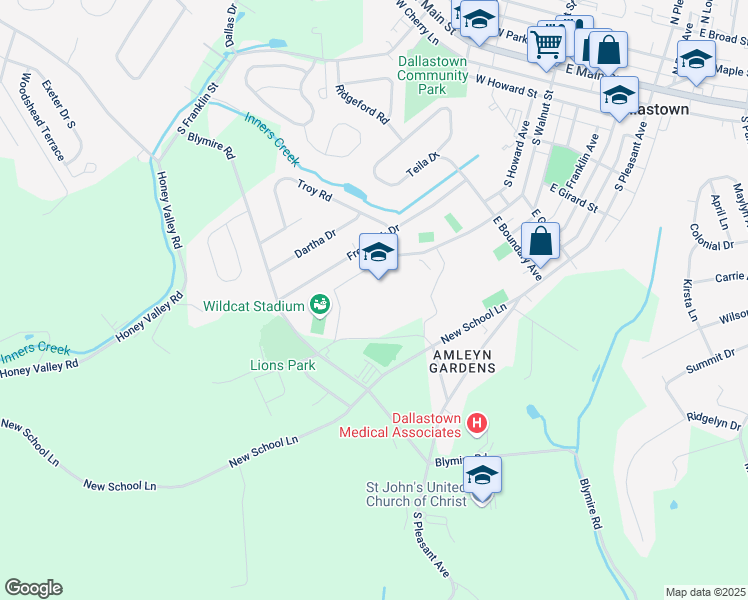 map of restaurants, bars, coffee shops, grocery stores, and more near 700 New School Lane in Dallastown