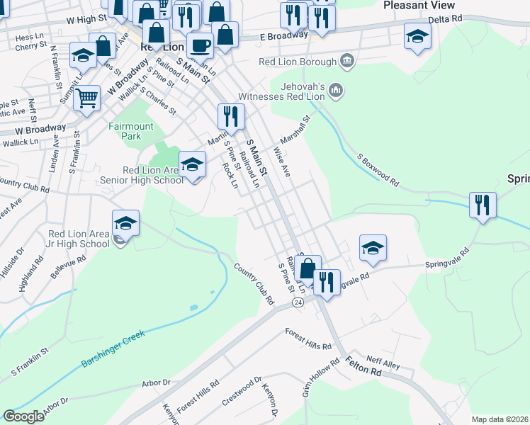 map of restaurants, bars, coffee shops, grocery stores, and more near 641 South Pine Street in Red Lion