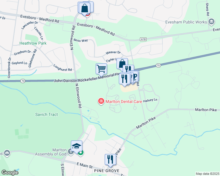 map of restaurants, bars, coffee shops, grocery stores, and more near 135 Saddlebrook Drive in Evesham Township