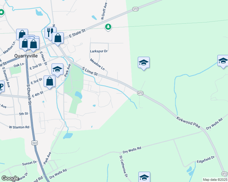 map of restaurants, bars, coffee shops, grocery stores, and more near 246 South Lime Street in Quarryville