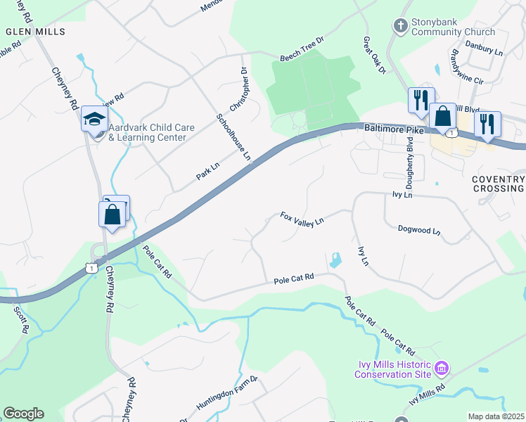 map of restaurants, bars, coffee shops, grocery stores, and more near 71 Fox Valley Lane in Glen Mills
