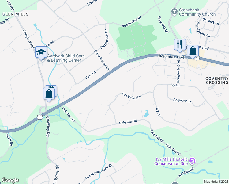 map of restaurants, bars, coffee shops, grocery stores, and more near 71 Fox Valley Lane in Glen Mills
