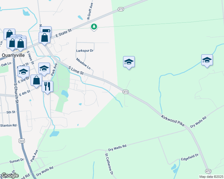 map of restaurants, bars, coffee shops, grocery stores, and more near 252 South Lime Street in Quarryville