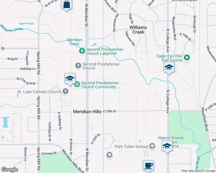 map of restaurants, bars, coffee shops, grocery stores, and more near 7690 North Washington Boulevard in Indianapolis