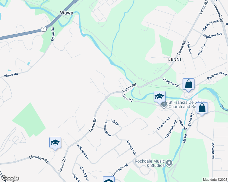 map of restaurants, bars, coffee shops, grocery stores, and more near 468 Lenni Road in Aston