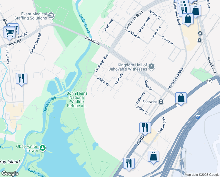 map of restaurants, bars, coffee shops, grocery stores, and more near 2744 South 86th Street in Philadelphia