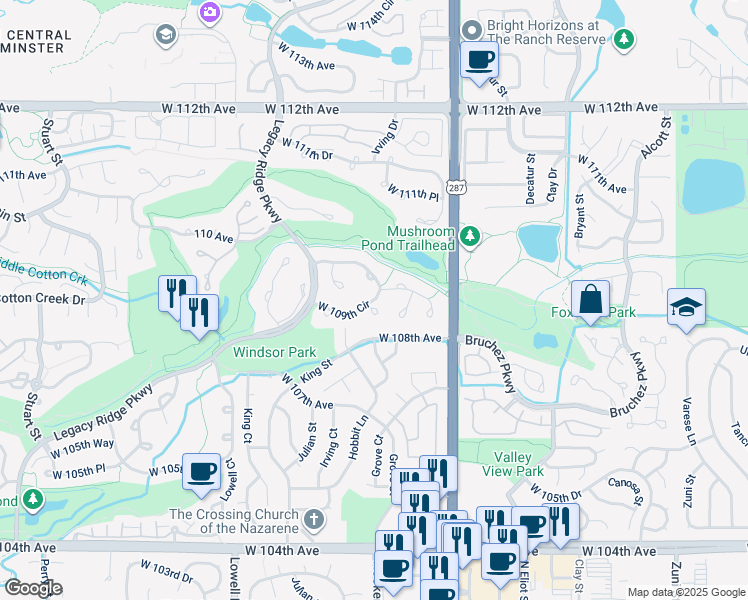 map of restaurants, bars, coffee shops, grocery stores, and more near 3403 West 109th Circle in Westminster