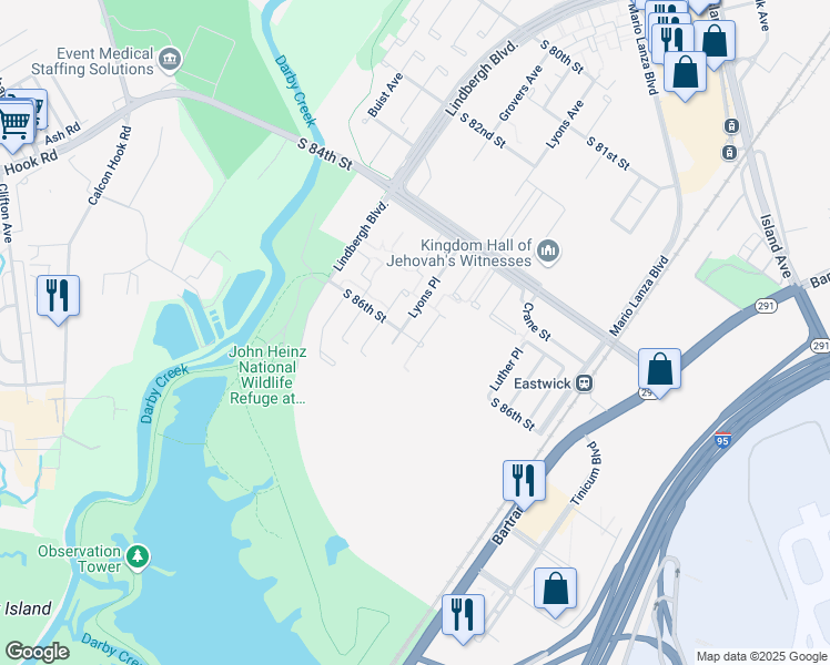 map of restaurants, bars, coffee shops, grocery stores, and more near 8529 Lyons Place in Philadelphia