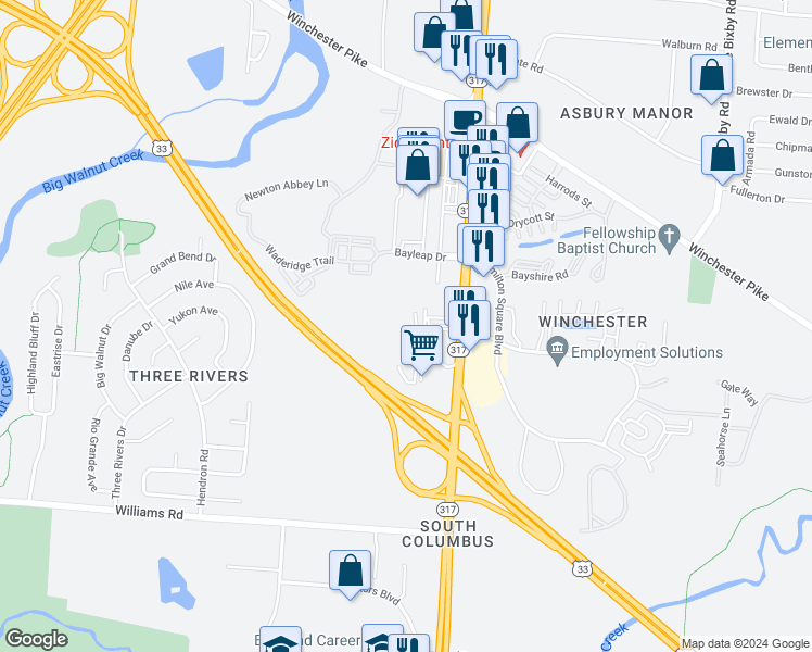 map of restaurants, bars, coffee shops, grocery stores, and more near 4118 Tarkton Square North in Groveport