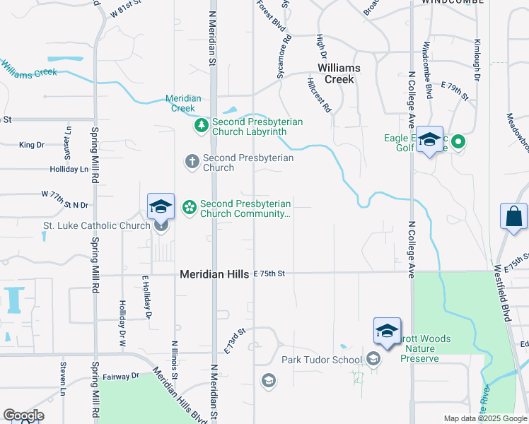map of restaurants, bars, coffee shops, grocery stores, and more near 7700 North Pennsylvania Street in Indianapolis