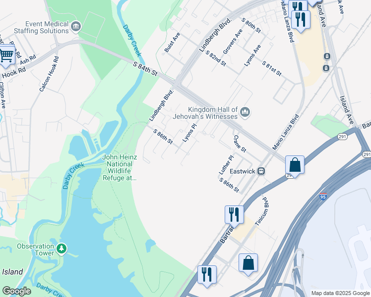 map of restaurants, bars, coffee shops, grocery stores, and more near 8529 Lyons Place in Philadelphia