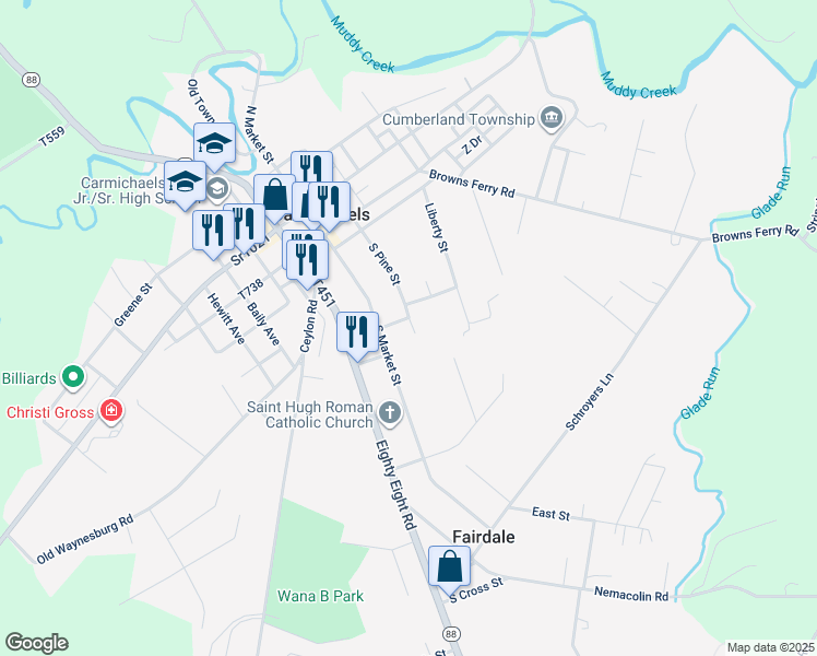 map of restaurants, bars, coffee shops, grocery stores, and more near 312 South Pine Street in Carmichaels