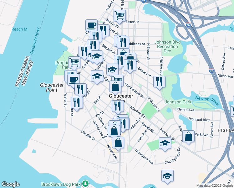 map of restaurants, bars, coffee shops, grocery stores, and more near 633 Market Street in Gloucester City