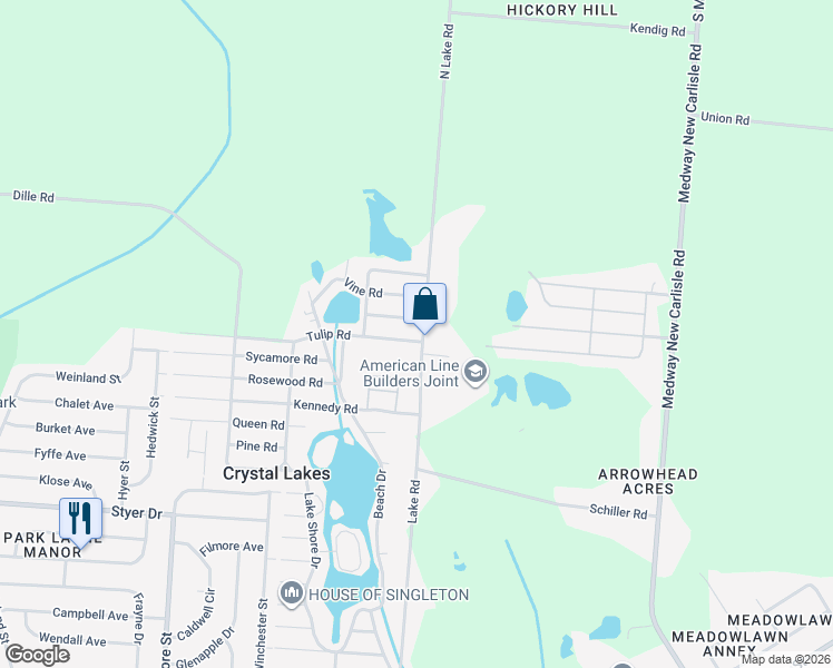 map of restaurants, bars, coffee shops, grocery stores, and more near 1729-1799 N Lake Rd in Crystal Lakes