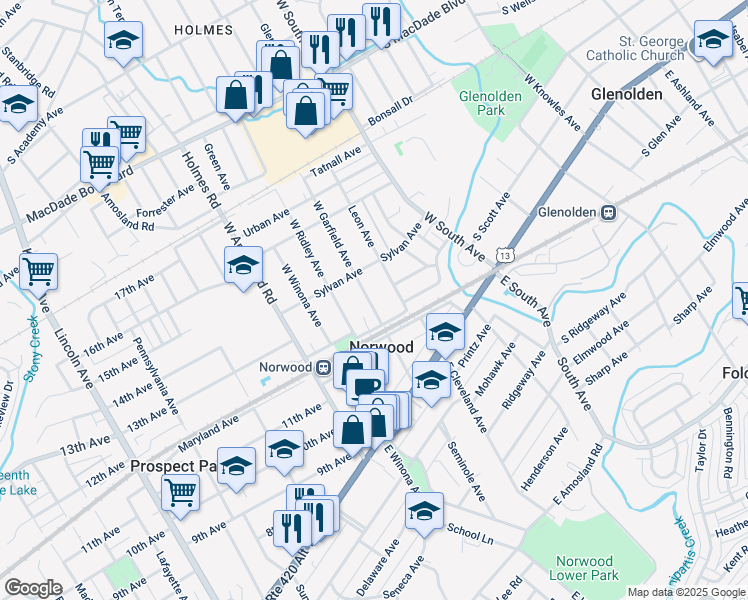 map of restaurants, bars, coffee shops, grocery stores, and more near 113 West Garfield Avenue in Norwood