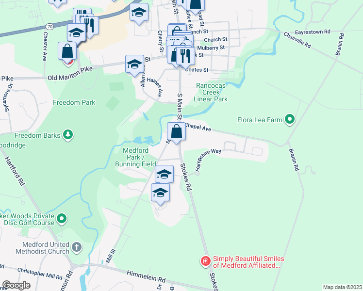 map of restaurants, bars, coffee shops, grocery stores, and more near 117 South Main Street in Medford