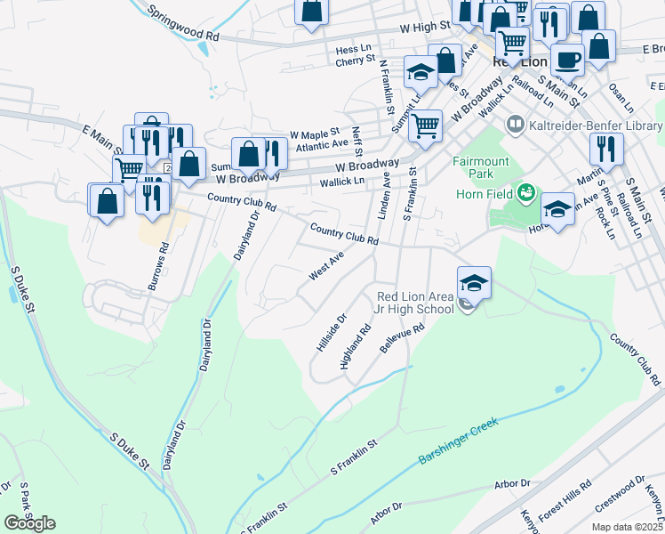 map of restaurants, bars, coffee shops, grocery stores, and more near 635 Magnolia Avenue in Red Lion
