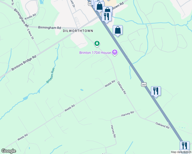 map of restaurants, bars, coffee shops, grocery stores, and more near 411 Webb Road in Chadds Ford
