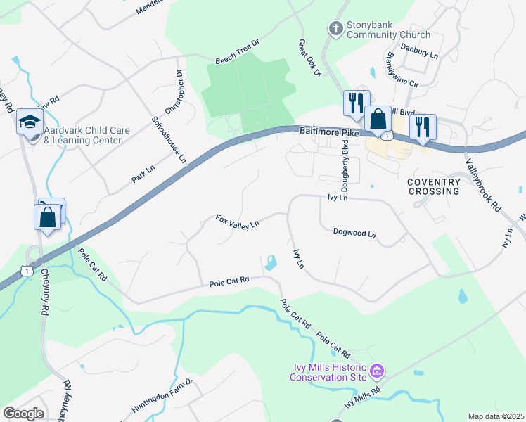 map of restaurants, bars, coffee shops, grocery stores, and more near 21 Fox Valley Lane in Glen Mills