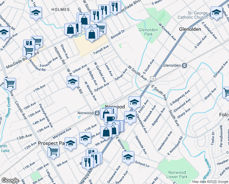 map of restaurants, bars, coffee shops, grocery stores, and more near 113 West Garfield Avenue in Norwood
