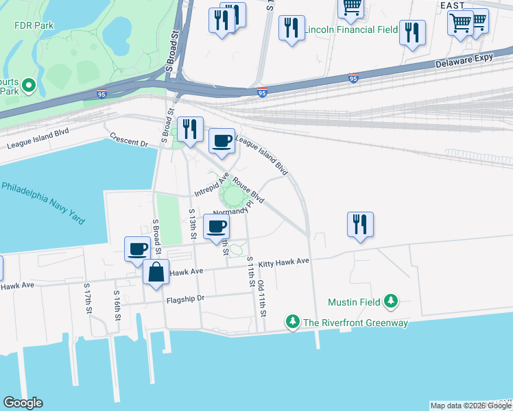 map of restaurants, bars, coffee shops, grocery stores, and more near 300 Rouse Boulevard in Philadelphia