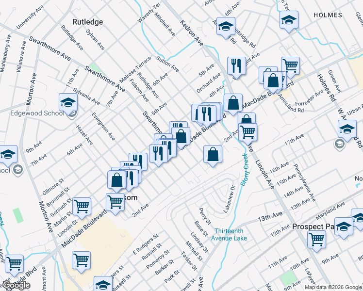 map of restaurants, bars, coffee shops, grocery stores, and more near 300 Rutledge Avenue in Folsom