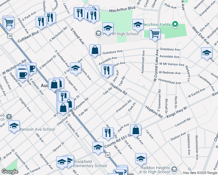map of restaurants, bars, coffee shops, grocery stores, and more near 223 Lafayette Road in Audubon