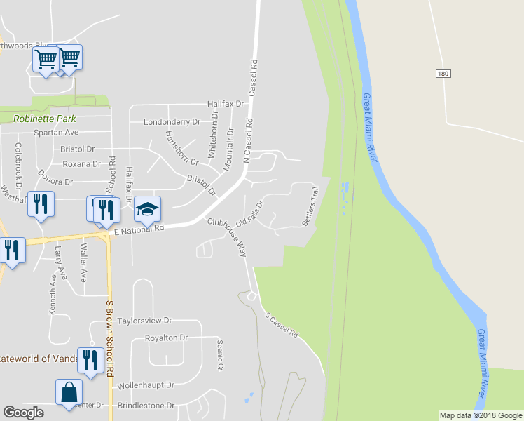 map of restaurants, bars, coffee shops, grocery stores, and more near 2020 Old Falls Drive in Vandalia
