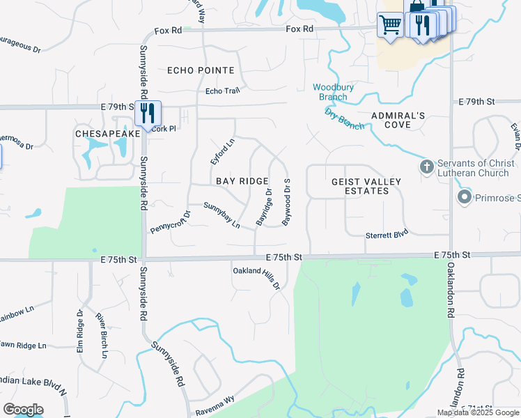 map of restaurants, bars, coffee shops, grocery stores, and more near 7634 Bayridge Drive in Indianapolis