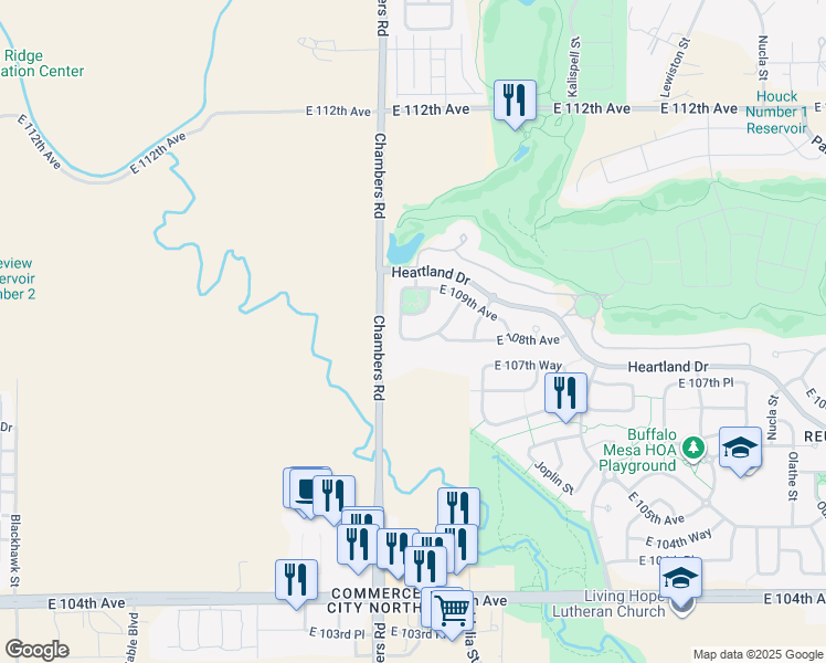 map of restaurants, bars, coffee shops, grocery stores, and more near 15360 East 108th Way in Commerce City