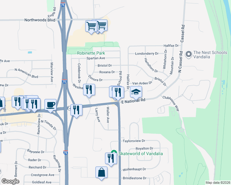 map of restaurants, bars, coffee shops, grocery stores, and more near 861 Westhafer Road in Vandalia