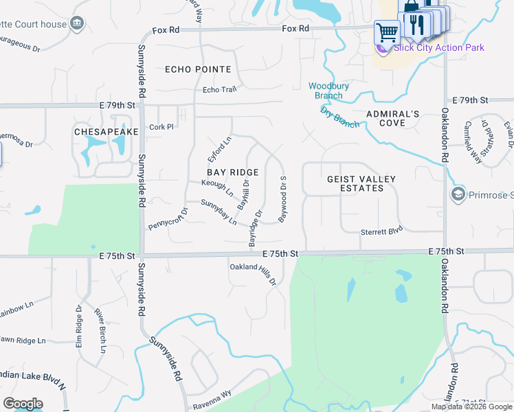 map of restaurants, bars, coffee shops, grocery stores, and more near 7653 Bayhill Drive in Indianapolis