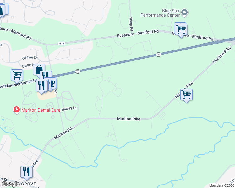 map of restaurants, bars, coffee shops, grocery stores, and more near 1702 Squirrel Road in Evesham