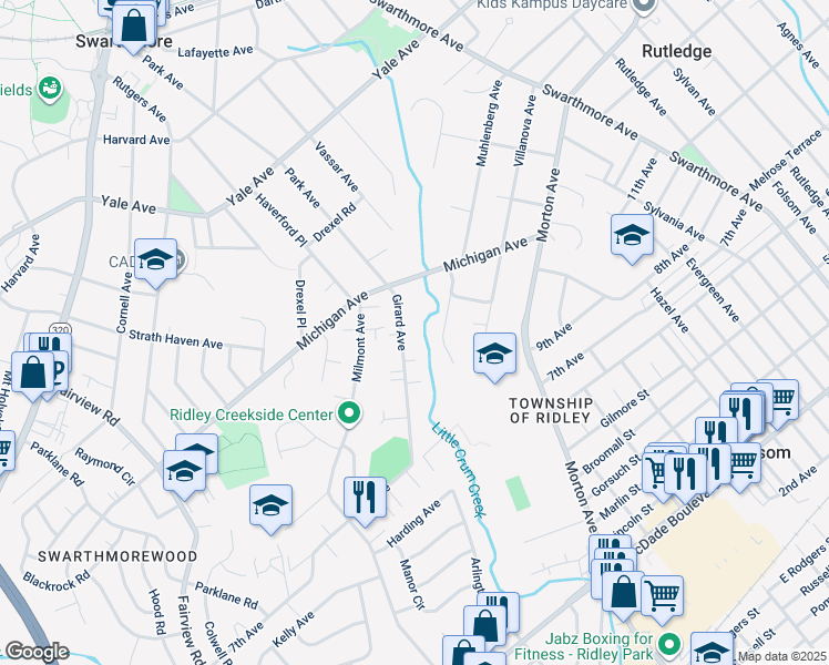 map of restaurants, bars, coffee shops, grocery stores, and more near 1038 Girard Avenue in Swarthmore