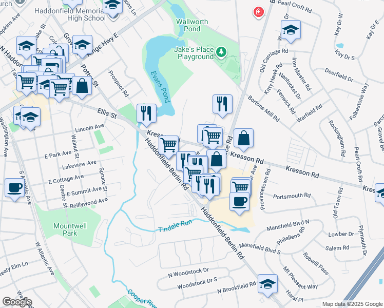 map of restaurants, bars, coffee shops, grocery stores, and more near 73 Kresson Road in Cherry Hill